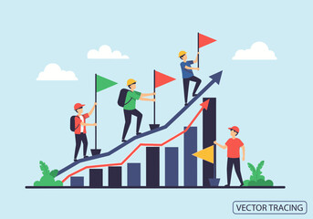 Team of workers climbing a growth chart, symbolizing success and progress.