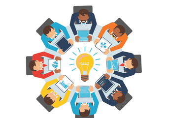 Diverse team collaborating around a table with laptops, sharing ideas symbolized by a central lightbulb.