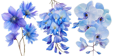 Watercolor illustration of vibrant blue clematis, wisteria, and orchid flowers, isolated on a transparent background. Ideal for botanical design, wedding invites, or floral-themed prints.