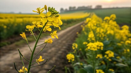 Obraz premium A vibrant mustard field stretches to the horizon under a soft sunrise, with a dirt path winding through the bright yellow flowers