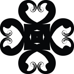 Intricate black and white abstract symmetrical pattern with swirling decorative elements