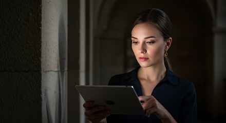 Fototapeta premium Woman Using Tablet Device Indoors in Low Light Setting