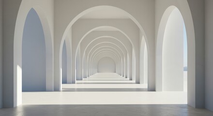 Obraz premium Tranquil white meditation corridor with graceful arches and diffused light exuding calm—ideal interior shot for wellness retreats, spiritual travel brochures and minimalist architectural portfolios.
