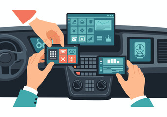 Hands installing and interacting with digital screens inside a car dashboard.