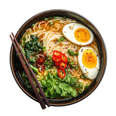 Asian noodle soup, ramen on bowl, top view with [Transparent Background PNG]