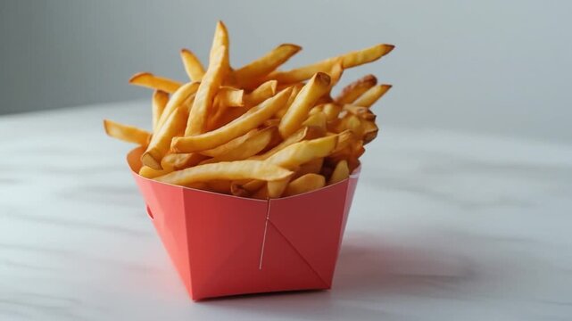 A close up view of french fries in a red paper container on a white marble surface with gray background