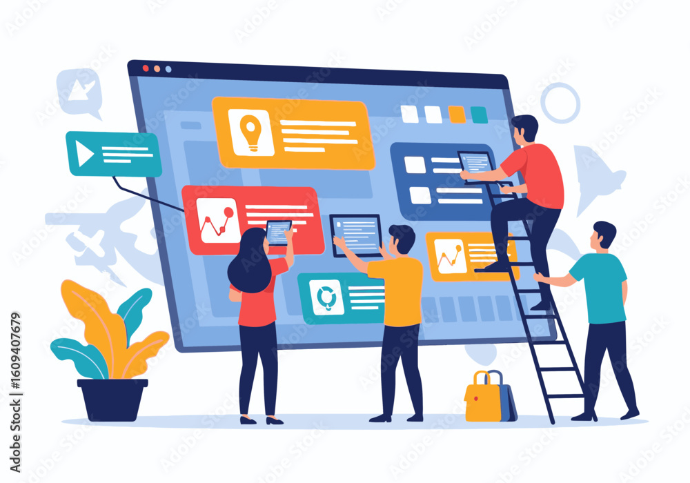 Poster team of four people collaborating on a large website design, using tools and a ladder for developmen