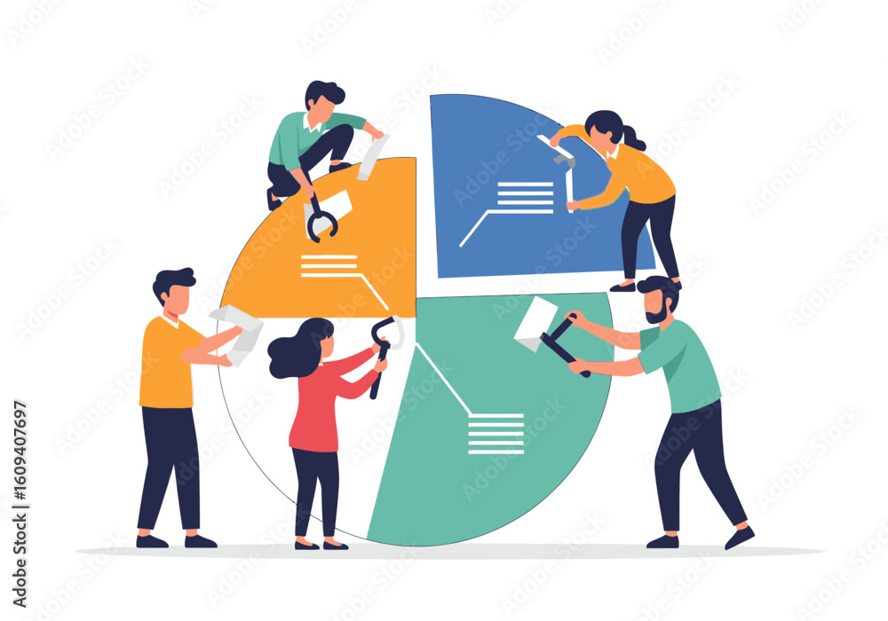 Poster team collaboratively assembles a segmented pie chart, illustrating teamwork and project completion.