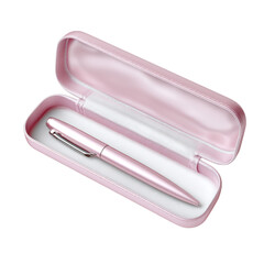 A soft satin pen storage case with magnetic closure lid, isolated on transparent background.