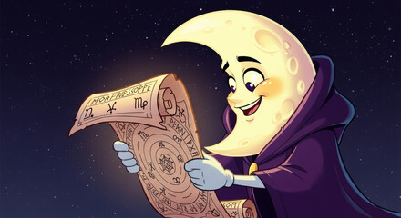 Cartoon moon wizard reading a scroll with astrological symbols against a starry night background