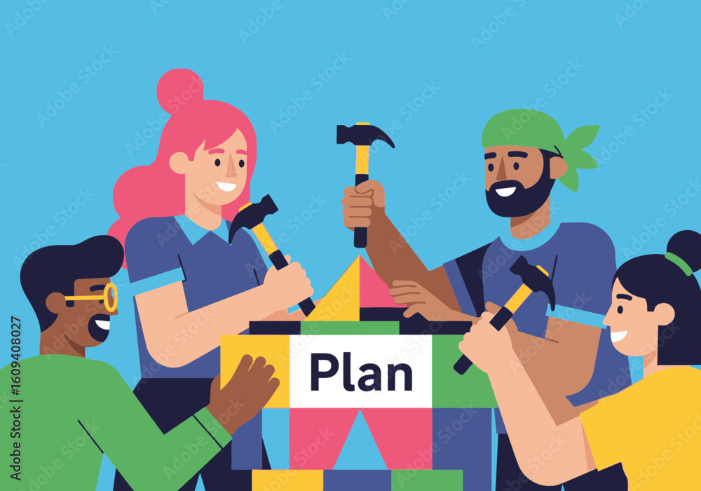 Poster diverse group building a structure with colorful blocks and hammers, with the word 
