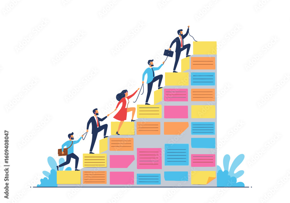 Poster team collaboration ascending a staircase of sticky notes, symbolizing shared progress and mutual sup