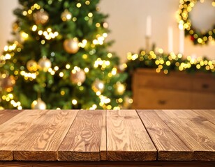 Wooden table top in front of a blurred Christmas scene