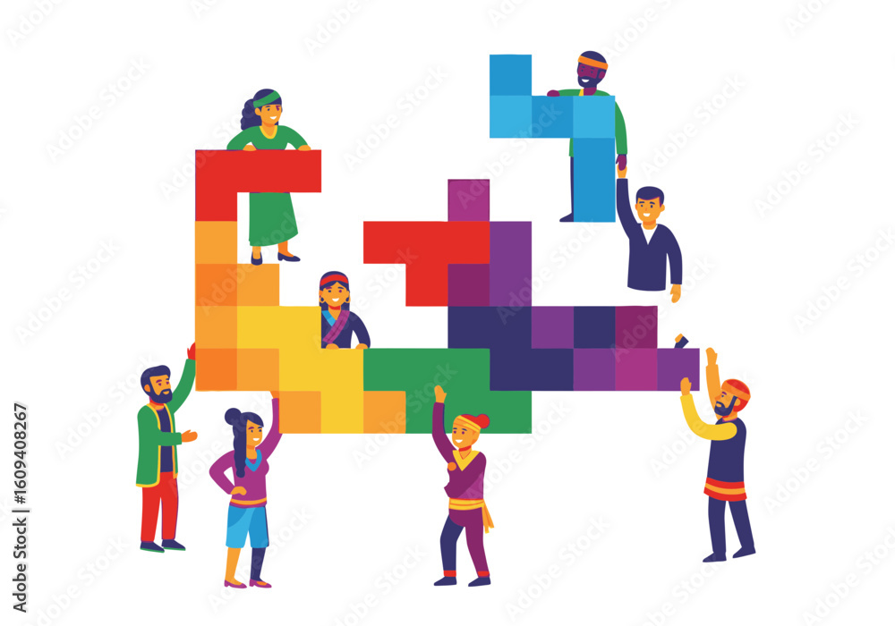 Poster a group of diverse people collaborating to build a colorful puzzle together, symbolizing teamwork an