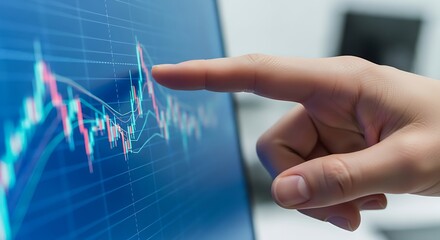 Analyzing Financial Data on a Screen with Finger Pointing to Market Trends