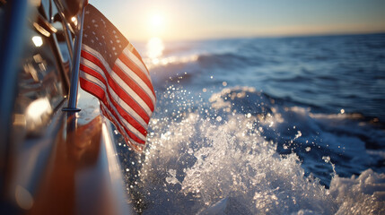 American flag waves proudly at back of boat during golden sunset