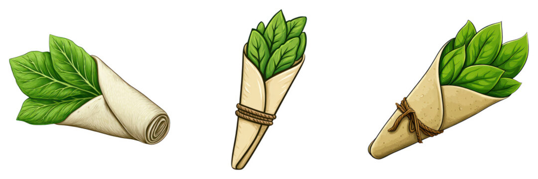 Vegetable wrap with fresh green leaves in tortilla bread bundle tied with string, healthy snack or lunch option