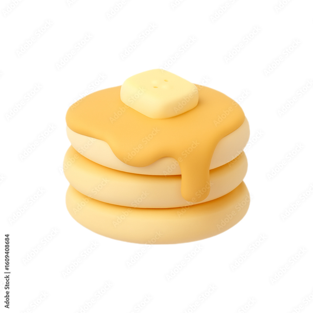 Poster stack of three pancakes with butter and syrup isolated on transparent background