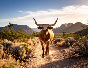 Texas Longhorn walking on a dirt road in a desert landscape at sunset