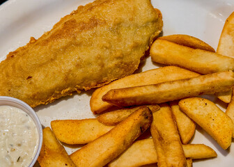 Fried cod filet with fries and tartar sauce on a white plate