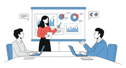 Business meeting presenting growth charts and data analysis strategies for team success