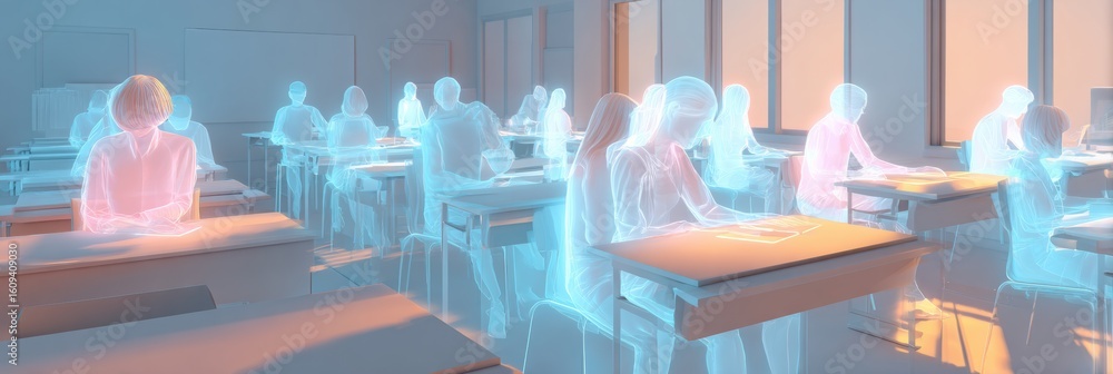 Poster innovative 3d learning environment features virtual avatars in a classroom setting with vibrant neon