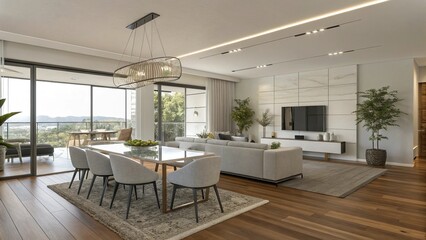 Modern interior design living room with dinning table