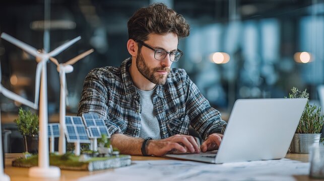 A focused man works on a laptop in an office with renewable energy models, including wind turbines and solar panels, highlighting sustainable technology and innovation.