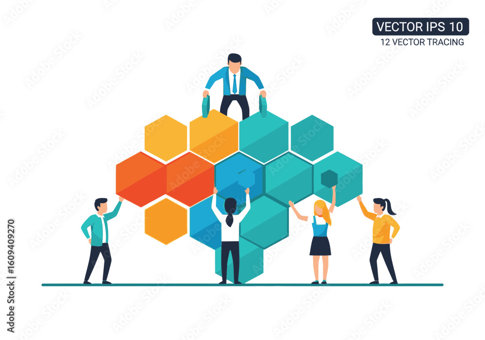 Poster business team collaborates to assemble a colorful, hexagonal puzzle, symbolizing teamwork and proble