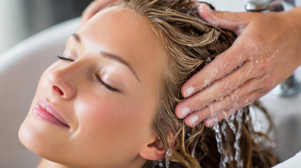 Naklejka premium Relaxed woman enjoying gentle hair wash with water flowing