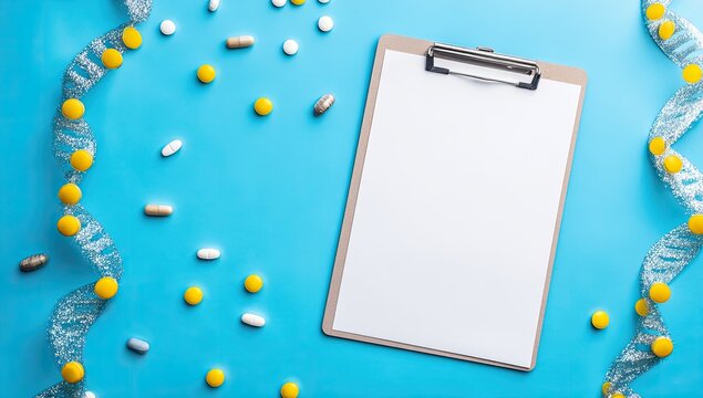 Blank clipboard surrounded by pills and DNA strands on a vibrant blue background