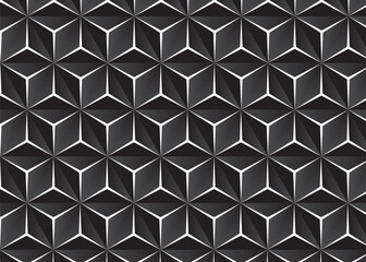 Seamless geometric vector pattern featuring a mosaic of gray metal cubes and square shapes, creating a captivating 3D illusion on a decorative tile surface