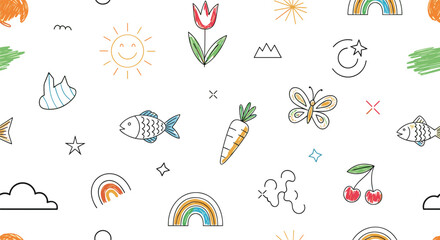 Whimsical hand drawn cute doodle elements pattern with rainbows and clouds