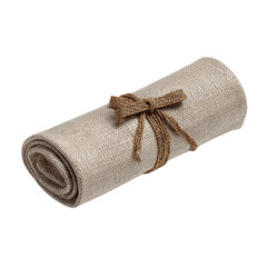 A stitched linen jewelry roll with tie ribbon closure isolated on transparent background