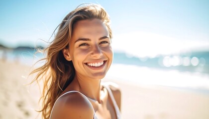Happy woman smiles broadly at camera on beach. Sunny, ocean background