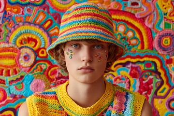 Colorful crocheted fashion portrait with an androgynous person and vibrant rainbow patterns backdrop