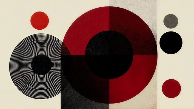 Abstract geometric shapes animation with circles and rectangles in red, black, and gray on beige background. Minimalist design concept for modern art, graphic design, and motion graphics.