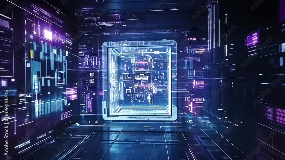 Aufkleber futuristic digital landscape featuring a glowing cube surrounded by vibrant data streams and circuit