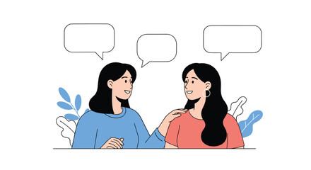 Two young women sharing thoughts and ideas with speech bubbles above them conveying communication and conversation