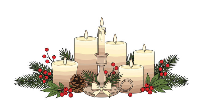 Festive holiday advent candle arrangement with evergreen and berries