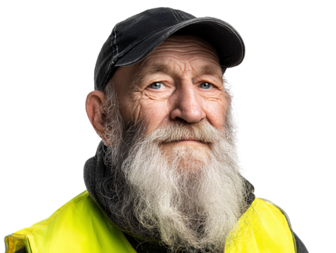 Elderly man with beard and cap wearing yellow vest on a transparent background
