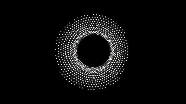 Circular pattern of white dots on black background. Abstract digital animation. Hypnotic spiral motion graphic. Optical illusion video for visual effects, screensaver