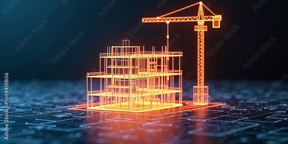 Poster digital construction technology and smart building innovation concept with glowing wireframe crane a