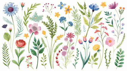 Fototapeta premium Vector art of a beautiful watercolor composition of various wildflowers and botanical elements, featuring a harmonious blend of soft colors and detailed greenery