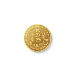 Golden Bitcoin coin with intricate design, isolated on a white background, casting a soft shadow.
