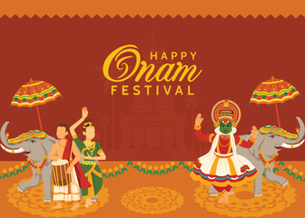 Happy Onam Festival concept for greeting card and social post featuring joyful Kerala people making colorful floral decorations Pookalam to celebrate the vibrant Onam festival.