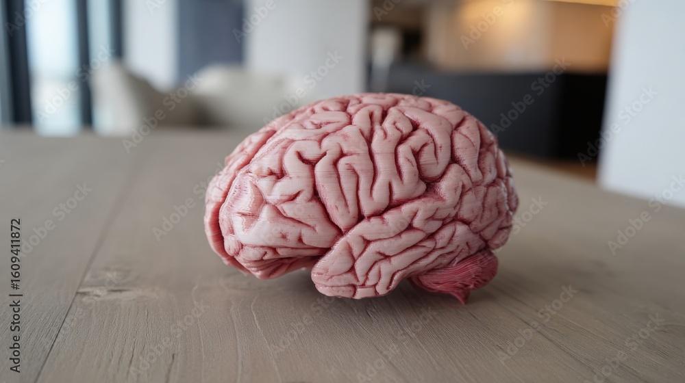Poster 3d printed brain model displayed on a table in a modern indoor setting during daytime