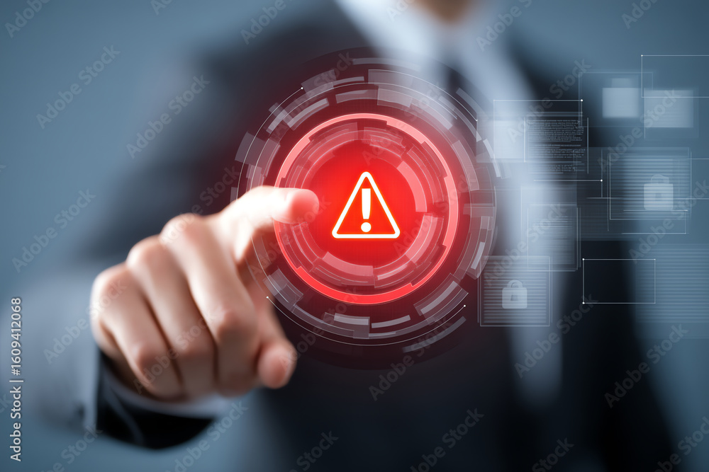 Poster a person in a suit points at a glowing red digital warning icon, symbolizing cybersecurity alert and