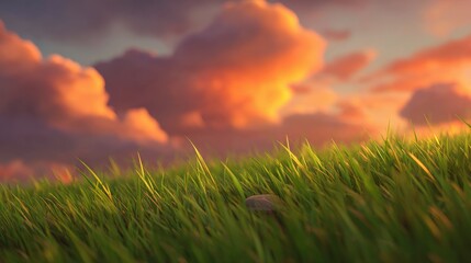 Close-up view of vibrant green grass at sunset.
