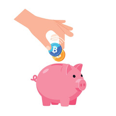 Hand depositing Bitcoin and other cryptocurrency coins into a pink piggy bank, symbolizing digital currency savings.